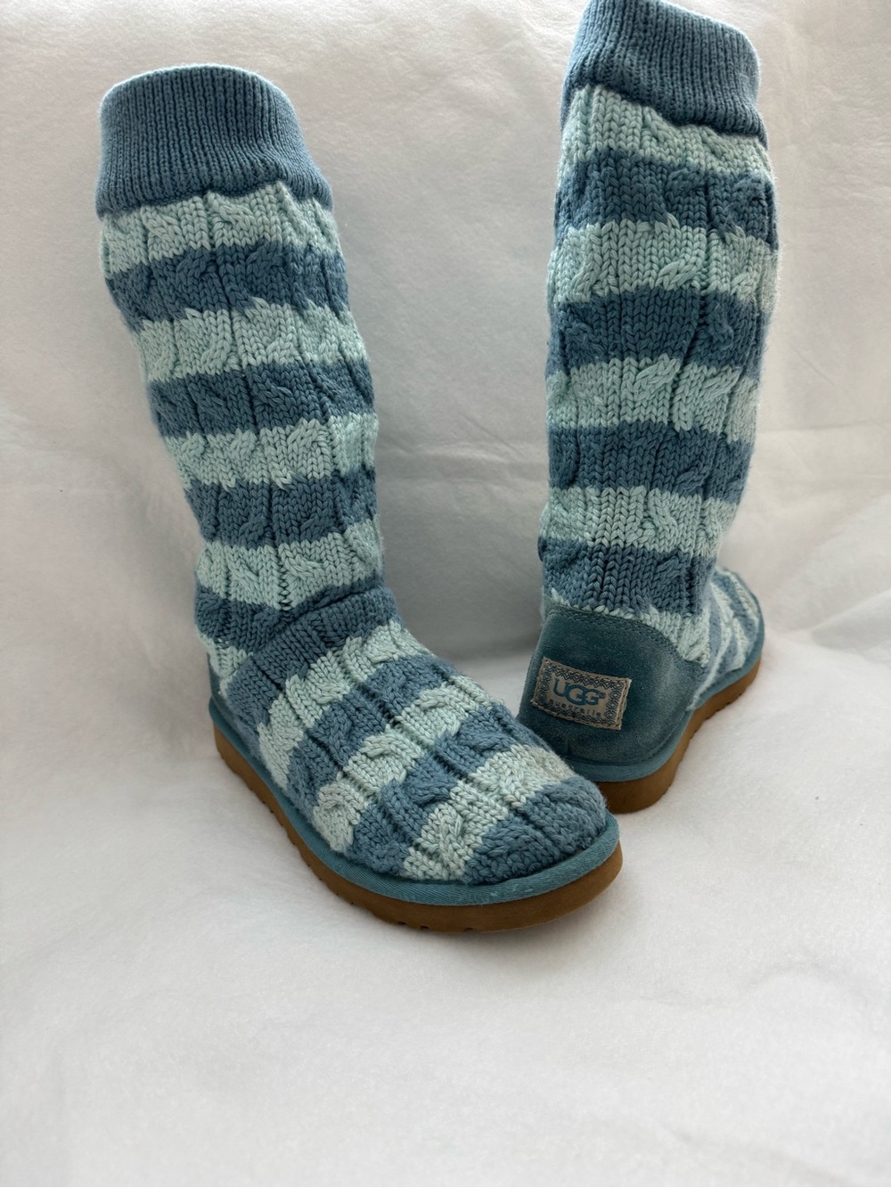 UGG Y2K Classic Tall Stripe Cable Knit Boots Teal and Blue Size 9 GC